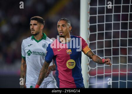 Barcellona, ESP. 25 settembre 2024. FC BARCELONA VS GETAFE CF. 25 settembre 2024 Raphina (11) del FC Barcelona durante la partita tra FC Barcelona e Getafe CF corrispondente alla settima giornata di la Liga EA Sports allo Stadio Olimpico Lluis Companys di Montjuic a Barcellona, Spagna. Crediti: Rosdemora/Alamy Live News Foto Stock