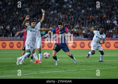 Barcellona, ESP. 25 settembre 2024. FC BARCELONA VS GETAFE CF. 25 settembre 2024 Robert Lewandowski (9) del FC Barcelona durante la partita tra FC Barcelona e Getafe CF corrispondente alla settima giornata di la Liga EA Sports allo Stadio Olimpico Lluis Companys di Montjuic a Barcellona, Spagna. Crediti: Rosdemora/Alamy Live News Foto Stock
