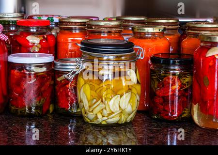 Vasetti di vetro con peperoni rossi marinati e pomodori secchi. in olio, spicchi d'aglio nell'olio e salsa di pomodoro. Cibo in scatola per l'inverno, Foto Stock