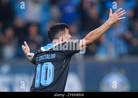 Porto Alegre, Brasile. 25 settembre 2024. Franco Cristaldo di Gremio reagisce, durante la partita tra Gremio e Criciuma, per la serie A 2024 brasiliana, allo stadio Arena do Gremio, a Porto Alegre il 25 settembre 2024. Foto: Richard Ducker/DiaEsportivo/Alamy Live News crediti: DiaEsportivo/Alamy Live News Foto Stock