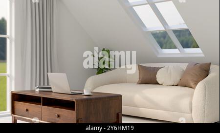 Il design degli interni di un soggiorno moderno e luminoso con un divano bianco con cuscini, un computer portatile su un tavolino da caffè minimale in legno duro e finestre Foto Stock