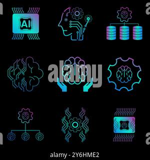 Set di icone colorate di linee vettoriali rosa e blu relative ai concetti di intelligenza artificiale, tecnologia umana, icona di ingegneria linguistica, analisi dei testi e testo m. Illustrazione Vettoriale