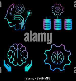 Set di 4 icone colorate di linee vettoriali rosa e blu relative ai concetti di intelligenza artificiale, icone di tecnologia umana, analisi dei testi e estrazione di testo al buio Illustrazione Vettoriale