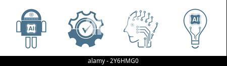 Set di 4 icone IA, simboli. Gruppi di icone di linea di intelligenza artificiale concetti tecnologici, cibernetica, ai, vettore tecnologico, illustrazione Illustrazione Vettoriale