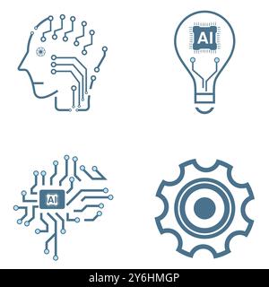 Gruppi di 4 icone di linea di intelligenza artificiale, quattro ai per i concetti dei simboli tecnologici e 4 icone cibernetiche, ai, vettore tecnologico, illustrazione c Illustrazione Vettoriale