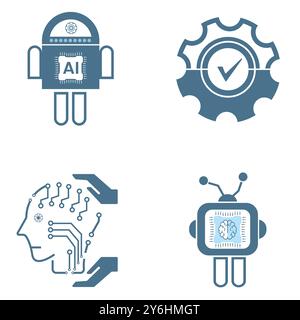 Set di 4 icone IA, simboli. Gruppi di icone di linea di intelligenza artificiale concetti tecnologici, cibernetica, ai, vettore tecnologico, illustrazione Illustrazione Vettoriale