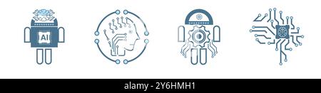 Set di 4 icone di linea di intelligenza artificiale, quattro ai per i concetti dei simboli tecnologici e 4 icone cibernetiche, ai, vettore tecnologico, illustrazione Illustrazione Vettoriale