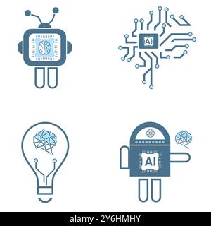 Gruppi di quattro icone di linea di intelligenza artificiale, 4 concetti di simboli tecnologici e 9 icone cibernetiche, ai, vettore tecnologico, design illustrativo Illustrazione Vettoriale