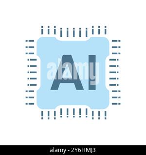Robot con chipset AI, tecnologia a icone piatte su sfondo bianco. Icone di linea, simboli Illustrazione Vettoriale