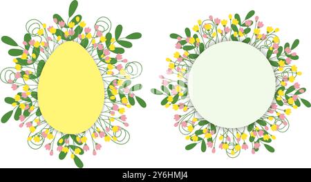 Forma a uovo e cornice decorativa circolare con ramoscelli e foglie in fiore in tonalità primaverili alla moda. Copia spazio. Modello di design per il saluto pasquale. Schede illustrative vettoriali isolate, poster, banner o promozioni Web Illustrazione Vettoriale