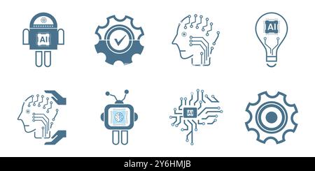 Gruppi di 8 icone di linea di intelligenza artificiale, otto concetti di simboli tecnologici e 9 icone cibernetiche, ai, vettore tecnologico, illustrazione Illustrazione Vettoriale