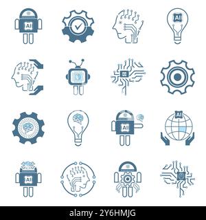 Set di 16 icone IA, simboli. Gruppi di icone di linea di intelligenza artificiale concetti tecnologici e cibernetica, ai, vettore tecnologico, illustrazione des Illustrazione Vettoriale