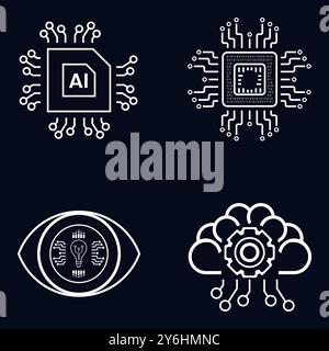 Set di 4 icone, simboli per il vettore del concetto di intelligenza artificiale, design dell'illustrazione. Quattro icone intelligenti artificiali su sfondo scuro Illustrazione Vettoriale