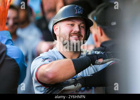 Minneapolis, Minnesota, Stati Uniti. 25 settembre 2024. Durante una partita di baseball della MLB tra i Minnesota Twins e i Miami Marlins al Target Field, i Twins vinsero 8-3. (Immagine di credito: © Steven Garcia/ZUMA Press Wire) SOLO PER USO EDITORIALE! Non per USO commerciale! Foto Stock