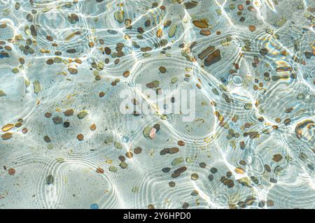 Monete diverse che brillano sotto una limpida acqua increspata sul fondo della fontana di Trevi a Roma. Foto Stock