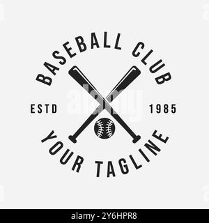 Club di baseball classico d'epoca con pipistrelli incrociati e palla, illustrazione vettoriale dal design retrò Illustrazione Vettoriale