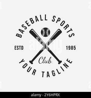 Club di baseball classico d'epoca con pipistrelli incrociati e palla, illustrazione vettoriale dal design retrò Illustrazione Vettoriale