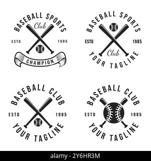 Set vintage Classic Baseball Club Design con pipistrelli e palle incrociate, illustrazione Vector dal design retrò Illustrazione Vettoriale