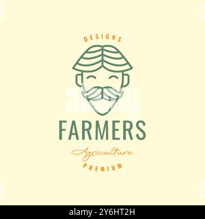 umile contadino sorriso linea agricoltura mascotte personaggio fumetto hipster logo design icona vettoriale illustrazione Illustrazione Vettoriale