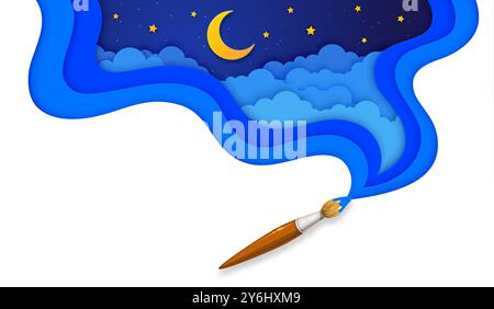Carta tagliata cielo notturno con pennello, luna e stelle nelle nuvole, sfondo vettoriale dei cartoni animati. Sogno magico o sonno e dormite e dormite sullo sfondo fiabesco con nuvole tagliate in carta e cielo stellato dipinto con pennello Illustrazione Vettoriale
