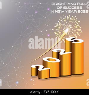 Festeggiamento di successo del nuovo anno 2025 con fuochi d'artificio.2025 successo aziendale, obiettivi fissati. Crescita rapida e tendenze del mercato azionario. Felice anno nuovo 2025. Illustrazione Vettoriale