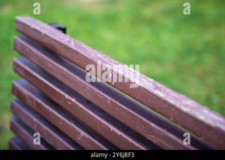 Si tratta di un'immagine dettagliata di una panca in legno splendidamente realizzata con vibrante erba verde sullo sfondo, che crea una serena scena all'aperto Foto Stock