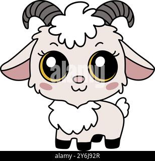 Icona Zodiac Cinese capra animale del segno di Capodanno. Kawaii asiatico stile carino illustrazione isolata della tata mascotte. Adorabile avorio che urla con grandi occhi Illustrazione Vettoriale