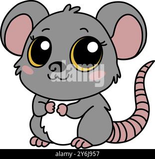 Icona Zodiac Rat Animal cinese del segno di Capodanno. Kawaii asiatico stile carino illustrazione isolata di criceto mascotte. Adorabile topo grigio con grandi occhi st Illustrazione Vettoriale