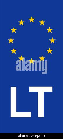 Lituania Euroband con simbolo nazionale: Sfondo blu che rappresenta l'identità dell'Unione europea e della Lituania per l'immatricolazione dei veicoli. Illustrazione Vettoriale