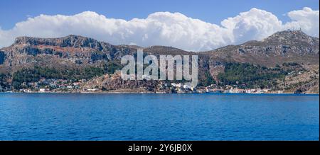 Vista panoramica di Kastellorizo ​​island, Dodekanisos, Grecia Foto Stock