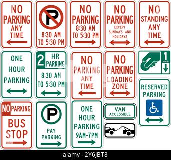 Raccolta completa di segnali di controllo del parcheggio: Nessun parcheggio, limiti di tempo, zone di carico, parcheggio riservato e zone di traino per il traffico effettivo Illustrazione Vettoriale