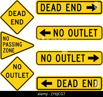 Dead End, No Outlet e No Passing zone Road Signals Collection con avvertenze direzionali sinistra e destra. Indicazioni stradali per gli Stati Uniti. Illustrazione Vettoriale