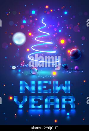 Albero di Natale sul poster di Natale in stile informatico. Pixel Words Capodanno. Buon natale e Capodanno biglietto di congratulazioni in computer Illustrazione Vettoriale