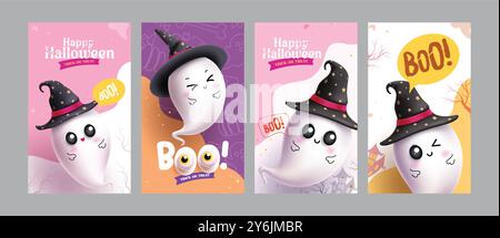 Design del set di poster vettoriali di buon halloween. Collezione di etichette regalo Halloween con un simpatico personaggio fantasma che indossa elementi neri del cappello da strega in colori Illustrazione Vettoriale