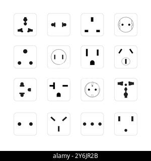 Set di prese elettriche su sfondo bianco, con un set diversificato di prese di alimentazione, illustrazione vettoriale Illustrazione Vettoriale