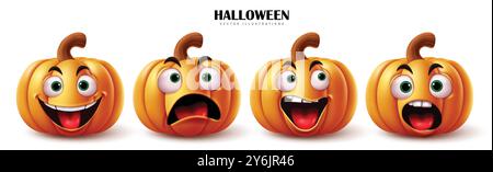 Set vettoriale di zucche arancioni di Halloween. Cartoni animati Halloween 3d con espressioni facciali felici, carine, cattive e sorridenti durante le festività natalizie Illustrazione Vettoriale