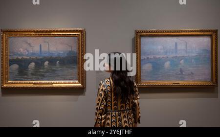 Courtauld Gallery, Londra, Regno Unito. 26 settembre 2024. Una mostra di dipinti impressionisti di Claude Monet (1840-1926), con vedute del Tamigi, è presentata insieme per la prima volta nel Regno Unito alla Courtauld Gallery di Londra (27 settembre 2024 - 19 gennaio 2025). I lavori includono (a sinistra): Waterloo Bridge, Overcast, 1903. Ordrupgaard, Danimarca. Crediti: Malcolm Park/Alamy Live News Foto Stock