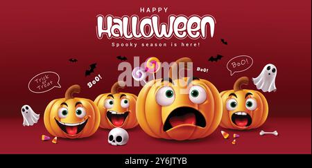 Grafica vettoriale dei personaggi delle zucche di Halloween. Testo di auguri di buon halloween con simpatici personaggi di zucche in spaventosa stagione con sfondo rosso. Vettore Illustrazione Vettoriale