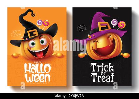 Design del set di poster vettoriale dei personaggi delle zucche di Halloween. Testo di benvenuto di halloween con simpatiche zucche che indossano elementi di cappello da strega per scherzare Illustrazione Vettoriale