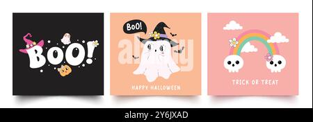 Design vettoriale per biglietti d'auguri di Halloween. Biglietto d'invito per Halloween in un semplice sfondo colorato con elementi spettrali e personaggio dei cartoni animati fantasma. Illustrazione Vettoriale