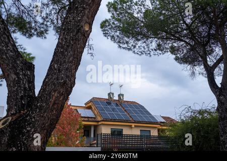 Vista laterale di una grande casa di lusso con pannelli solari fotovoltaici sul tetto. Giornata grigia e nuvolosa. Piante e alberi in primo piano. Concetto di Effi Foto Stock