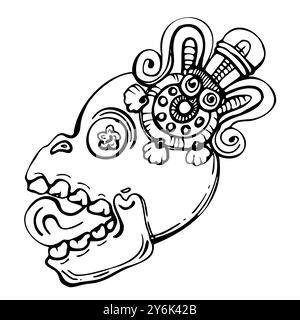 Simbolo della Mesoamerica, testa ornata con cranio umano, scultura intagliata inca azteca, antico pittogramma religioso. Illustrazione del vettore di inchiostro disegnato a mano. Singolo Illustrazione Vettoriale