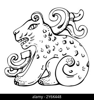 Simbolo mesoamerica, leopardo gatto jaguar, scultura intagliata Aztec inca, antico pittogramma dio stilizzato. Illustrazione del vettore di inchiostro disegnato a mano. Singolo Illustrazione Vettoriale