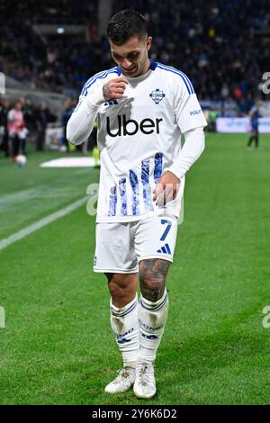 Gabriel Strefezza del Como calcio festeggia dopo un gol durante la partita di calcio di serie A tra IAtalanta BC e calcio Como il 24 settembre 2024 allo stadio Gewiss di Bergamo Foto Stock