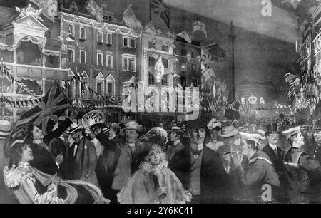 Le illuminazioni della notte dell'incoronazione a Londra: La scena in Cockspur Street, guardando verso Trafalgar Square. 16 agosto 1902 Foto Stock