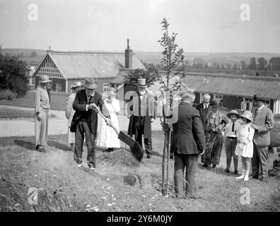 Treloar Cripple Home ad Alton Hampshire. Sir Clifford Allbutt pianta un albero per commemorare la sua visita. Sir Albutt era un medico e inventore del termometro clinico corto. Il suo lavoro ha portato al miglioramento del trattamento delle malattie arteriose. 4 luglio 1923 Foto Stock