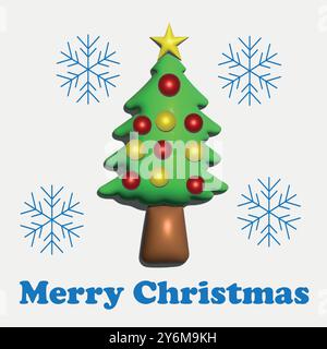 Buon Natale albero 3D decorato con ornamenti rossi e gialli con fiocchi di neve su sfondo bianco. Per biglietti d'auguri, cartoline e banner Illustrazione Vettoriale