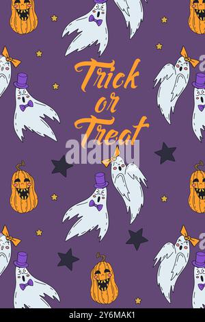 Cartolina o poster con una simpatica illustrazione di Halloween con coppia di fantasmi e zucche Illustrazione Vettoriale