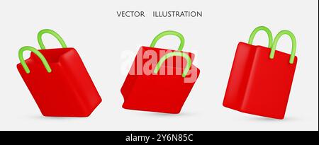 Set di shopping bag dal design 3d realistico. Elegante borsa alla moda isolata su sfondo bianco. Collezione colorata. Illustrazione vettoriale Illustrazione Vettoriale