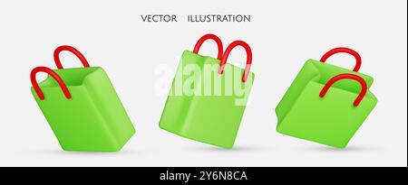 Set di shopping bag dal design 3d realistico. Elegante borsa alla moda isolata su sfondo bianco. Collezione colorata. Illustrazione vettoriale Illustrazione Vettoriale